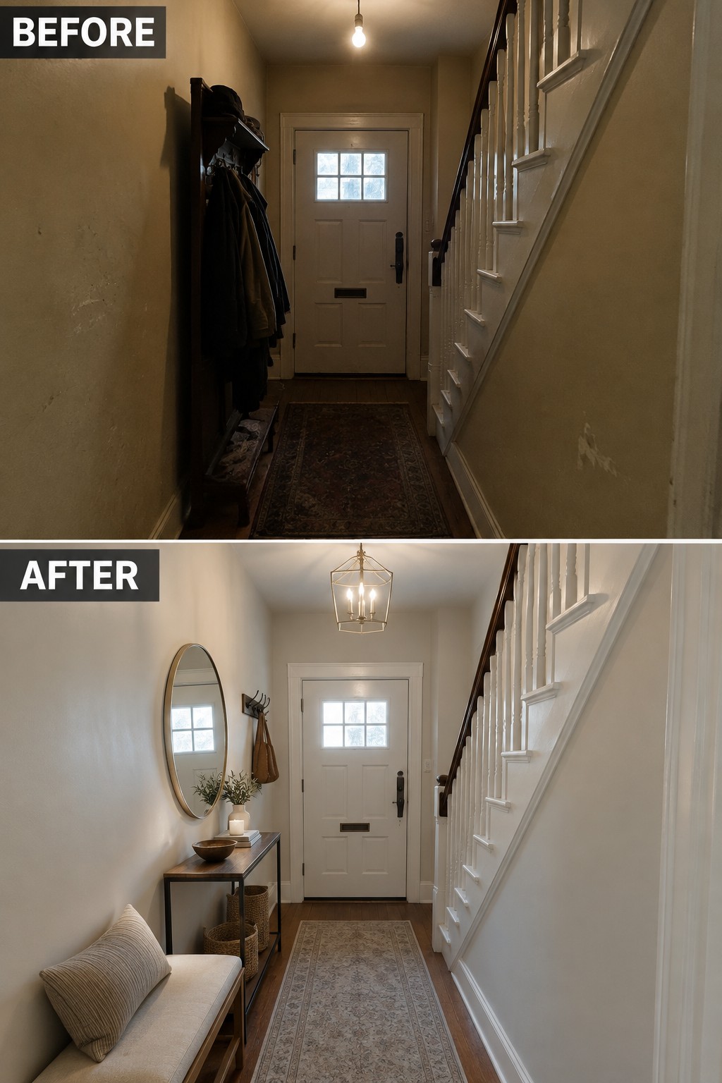 Before-and-after makeover image of a narrow entry hallway changed from a dark, cluttered space to a brighter hall with a slim console, bench, mirror, and runner.