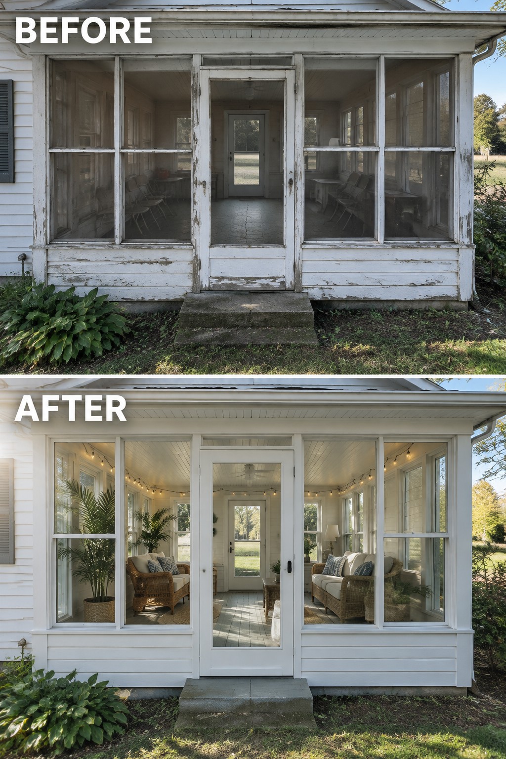Before-and-after image of a worn screened porch updated with white trim, wicker seating, plants, and string lights.