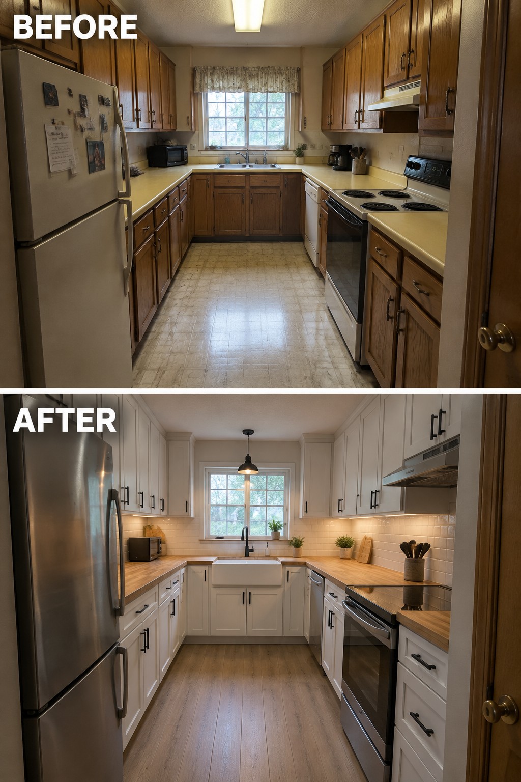 Before-and-after image of an older kitchen updated with white cabinets, wood countertops, a farmhouse sink, and stainless steel appliances.