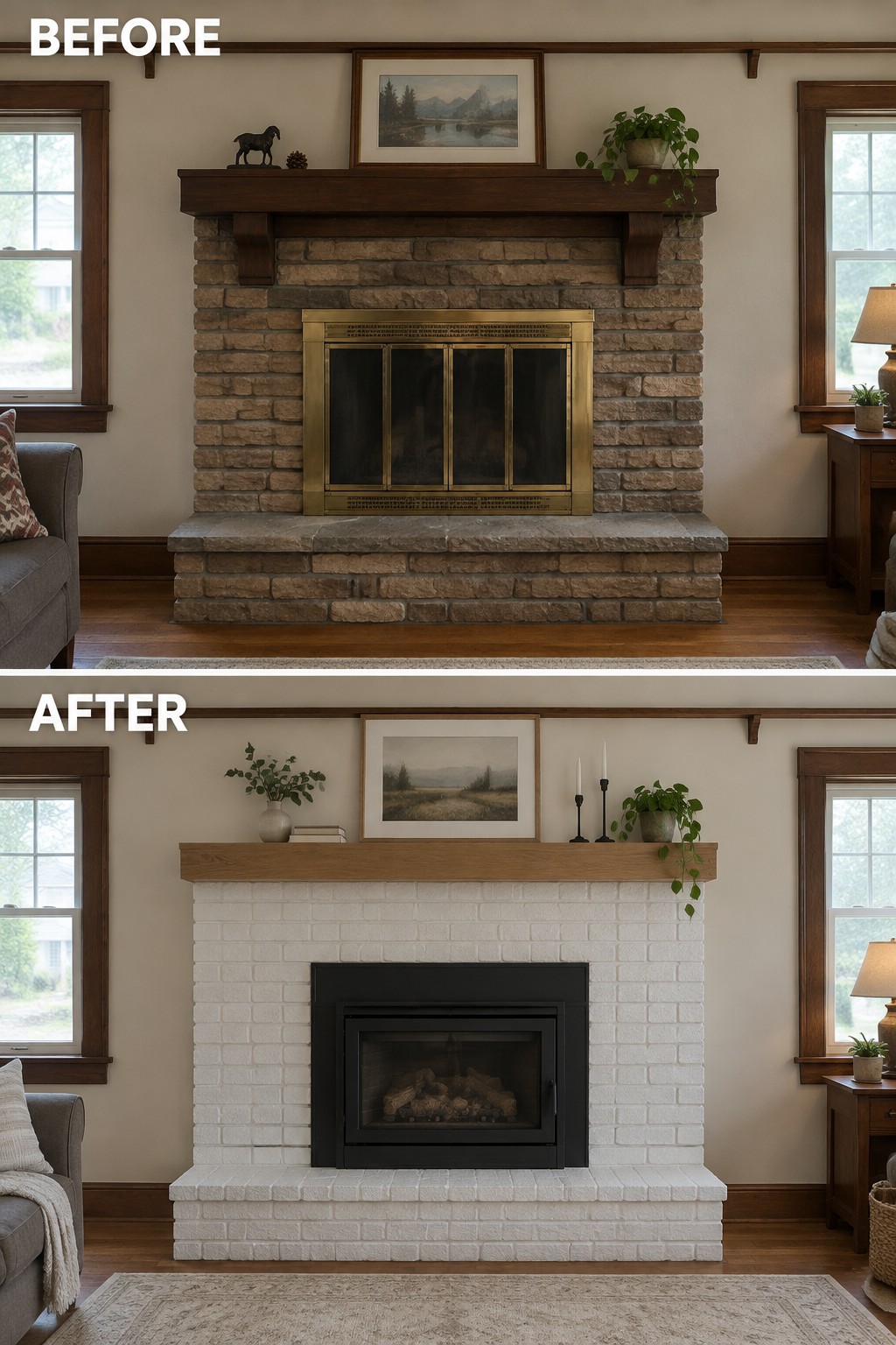 Before-and-after image of a living room fireplace updated from dark stone and brass to white brick with a black insert and wood mantel.