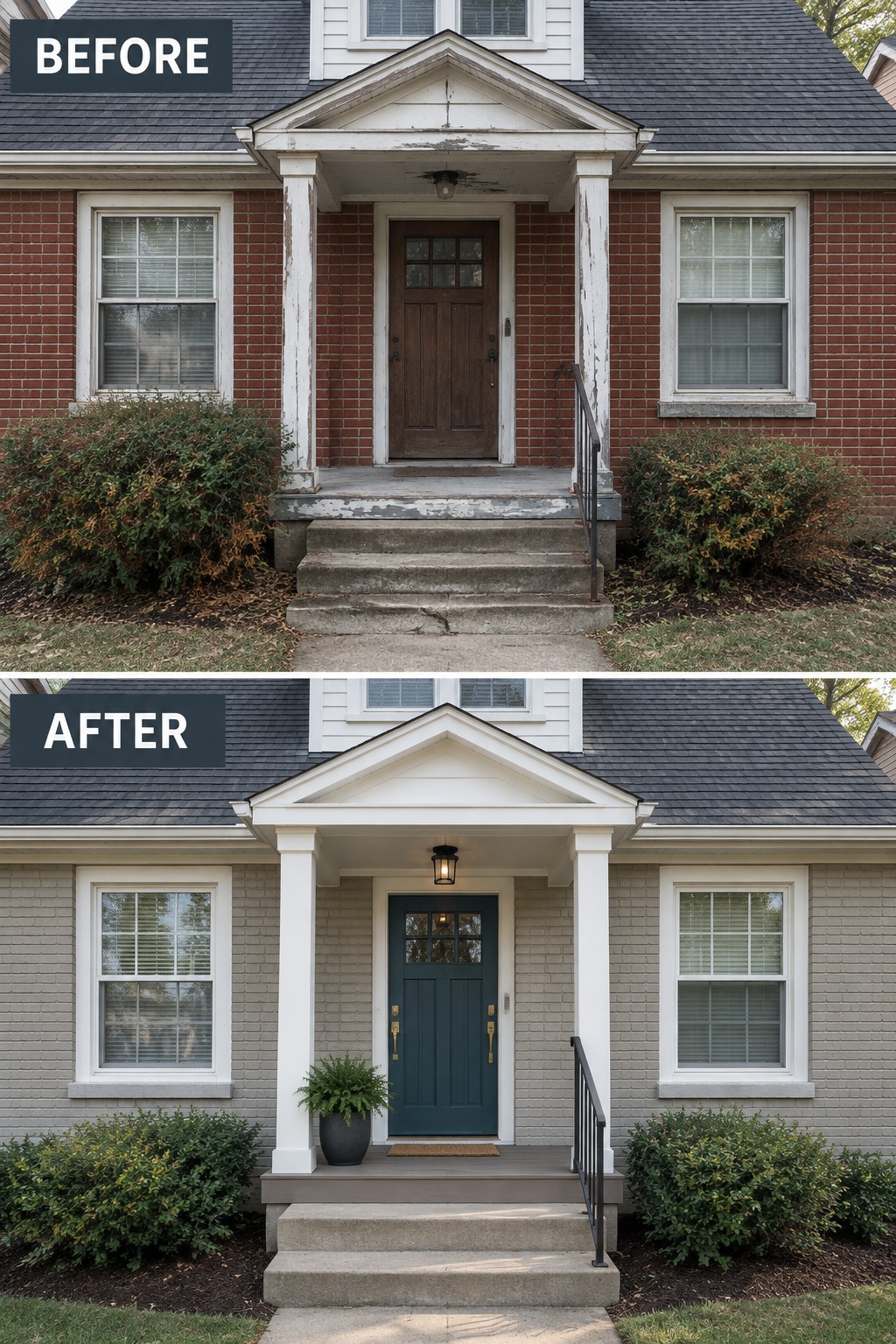 Before-and-after makeover image of a brick home’s front entry updated with light painted brick and trim, a blue-green door, and refreshed porch steps.