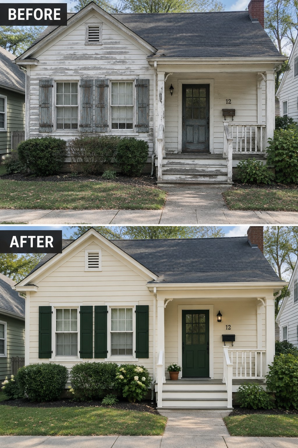 Before-and-after makeover image of an older cottage with peeling white siding and faded shutters, updated with fresh light siding and dark green shutters.