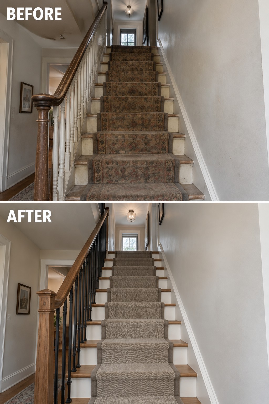 Before-and-after makeover image of a staircase with a worn patterned runner replaced by a neutral herringbone runner and updated dark balusters.