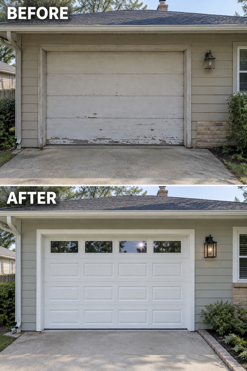 Before-and-after makeover image of a garage with a peeling plain door replaced by a white paneled door with windows.