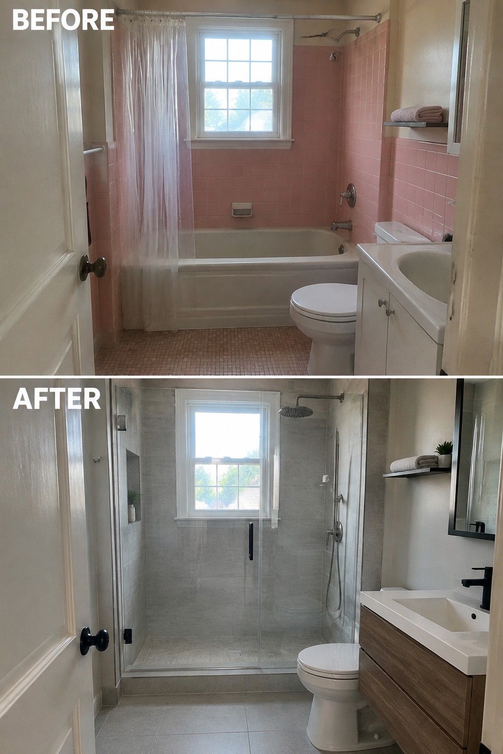 Before-and-after bathroom makeover image showing a pink-tiled tub replaced with a glass-enclosed shower with gray tile.