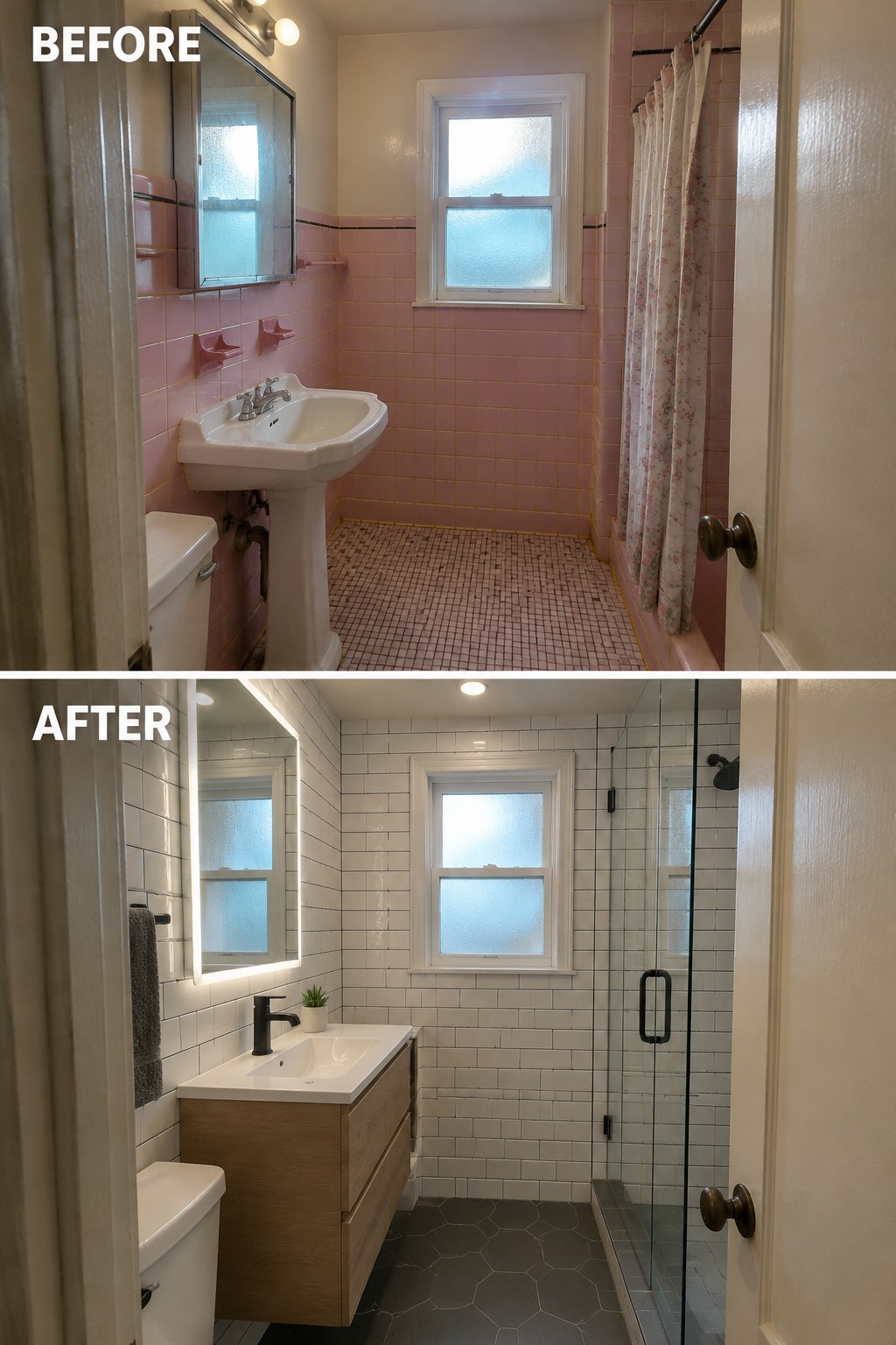 Before-and-after makeover image of a bathroom updated from pink tile and a pedestal sink to white tile, a wood vanity, and a glass shower.