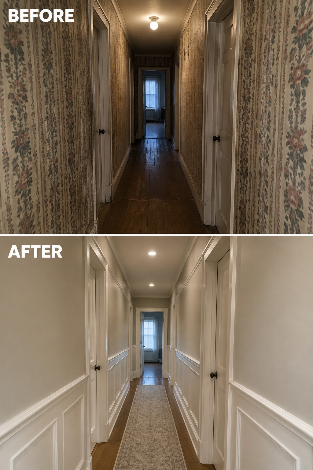 Before-and-after makeover image of a narrow hallway with floral wallpaper and dark floors updated with plain walls, white wainscoting, and a runner rug.