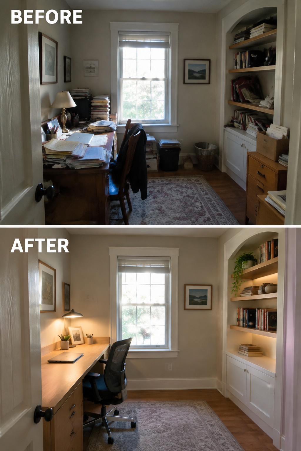 Before-and-after makeover image of a cluttered home office changed into a tidy workspace with a long desk, office chair, and organized shelves.
