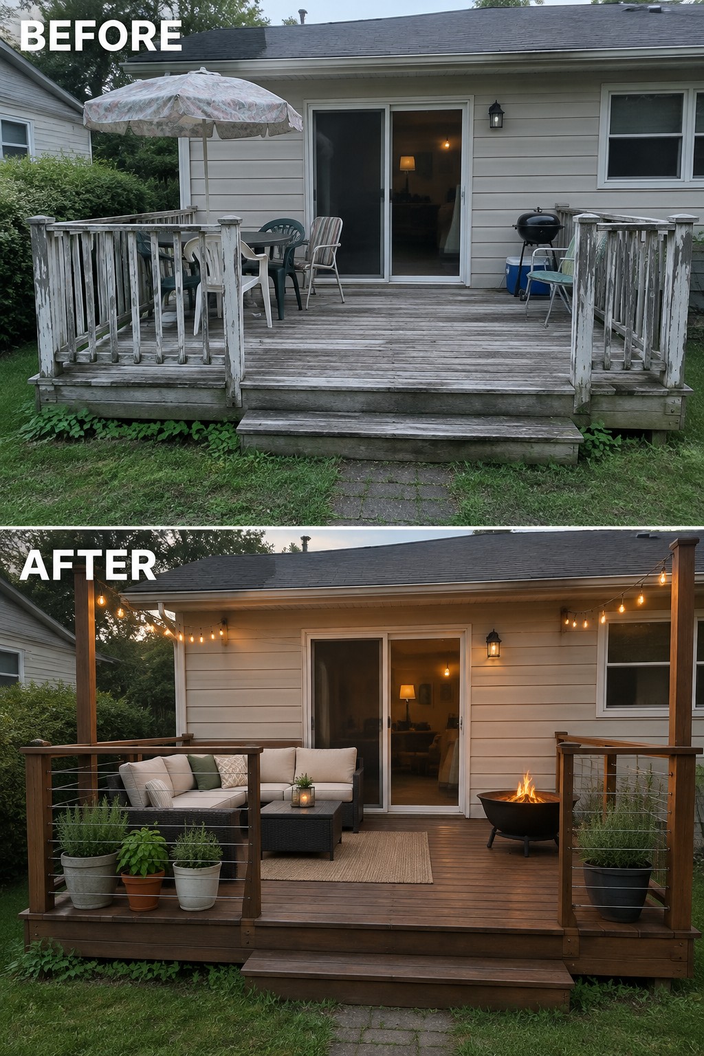 Before-and-after image of a worn wooden deck updated with a seating area, planters, cable railing, and string lights.