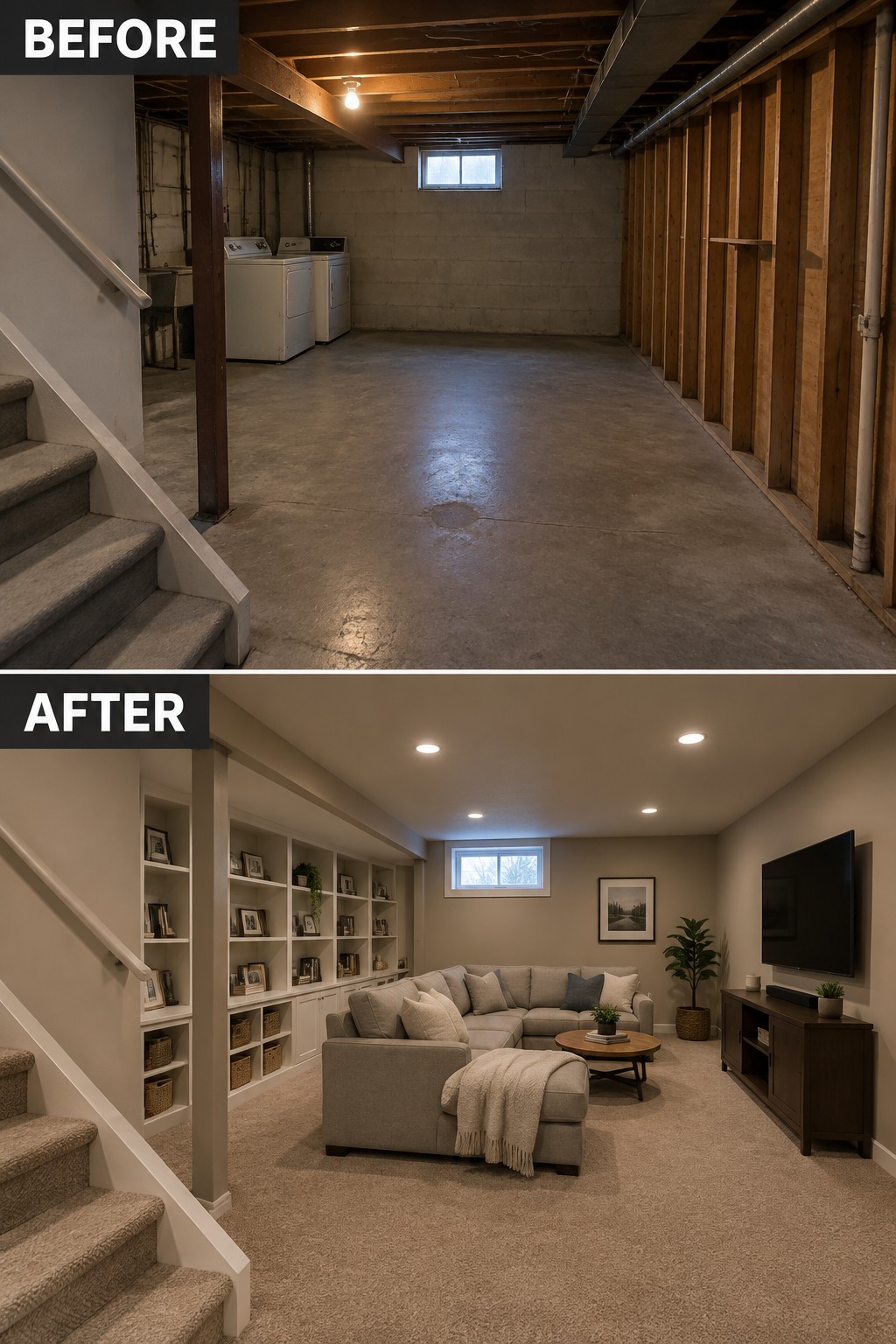Before-and-after makeover image of an unfinished basement changed into a carpeted living room with built-in shelves and seating.