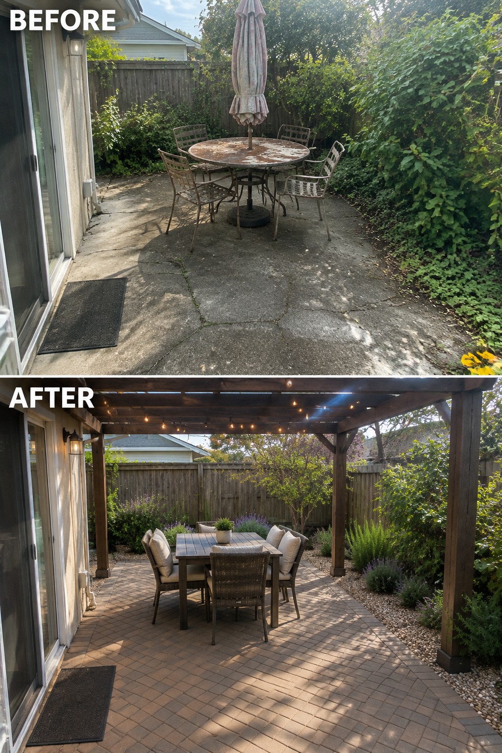 Before-and-after makeover image of a worn concrete patio changed into a covered outdoor dining area with pavers and a table with chairs.