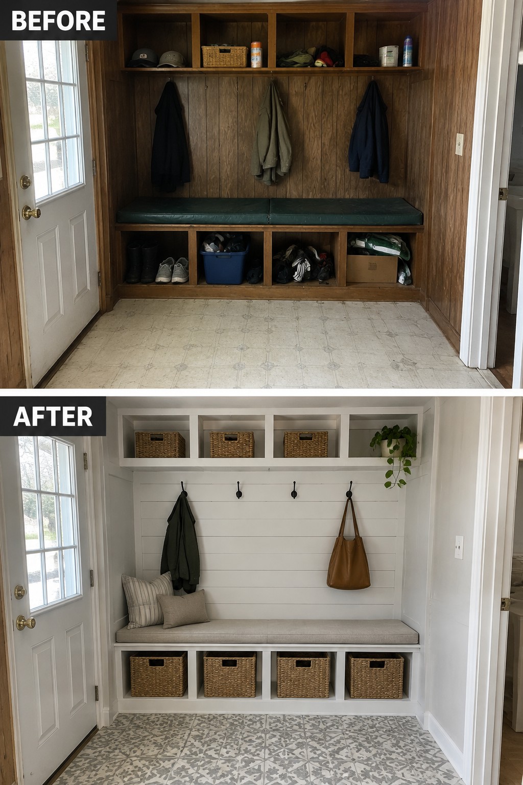 Before-and-after makeover image of a dark wood entryway with open cubbies updated with white built-in storage, woven baskets, a bench, and wall hooks.