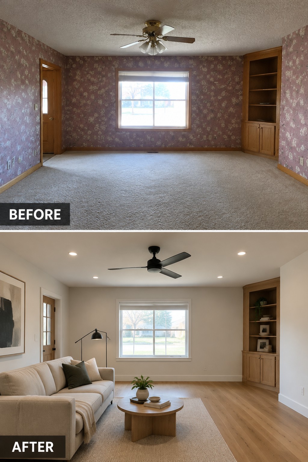 Before-and-after makeover image of an empty room with dated wallpaper and carpet changed into a living room with a sofa, area rug, coffee table, and wood flooring.
