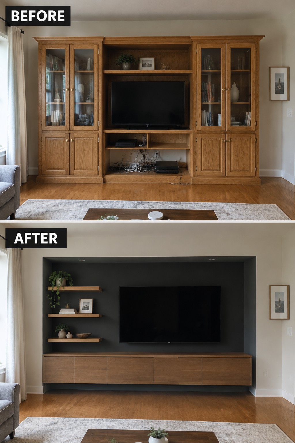 Before-and-after makeover image of a living room with a large wooden entertainment center replaced by a recessed dark TV wall, floating shelves, and a low wood cabinet.