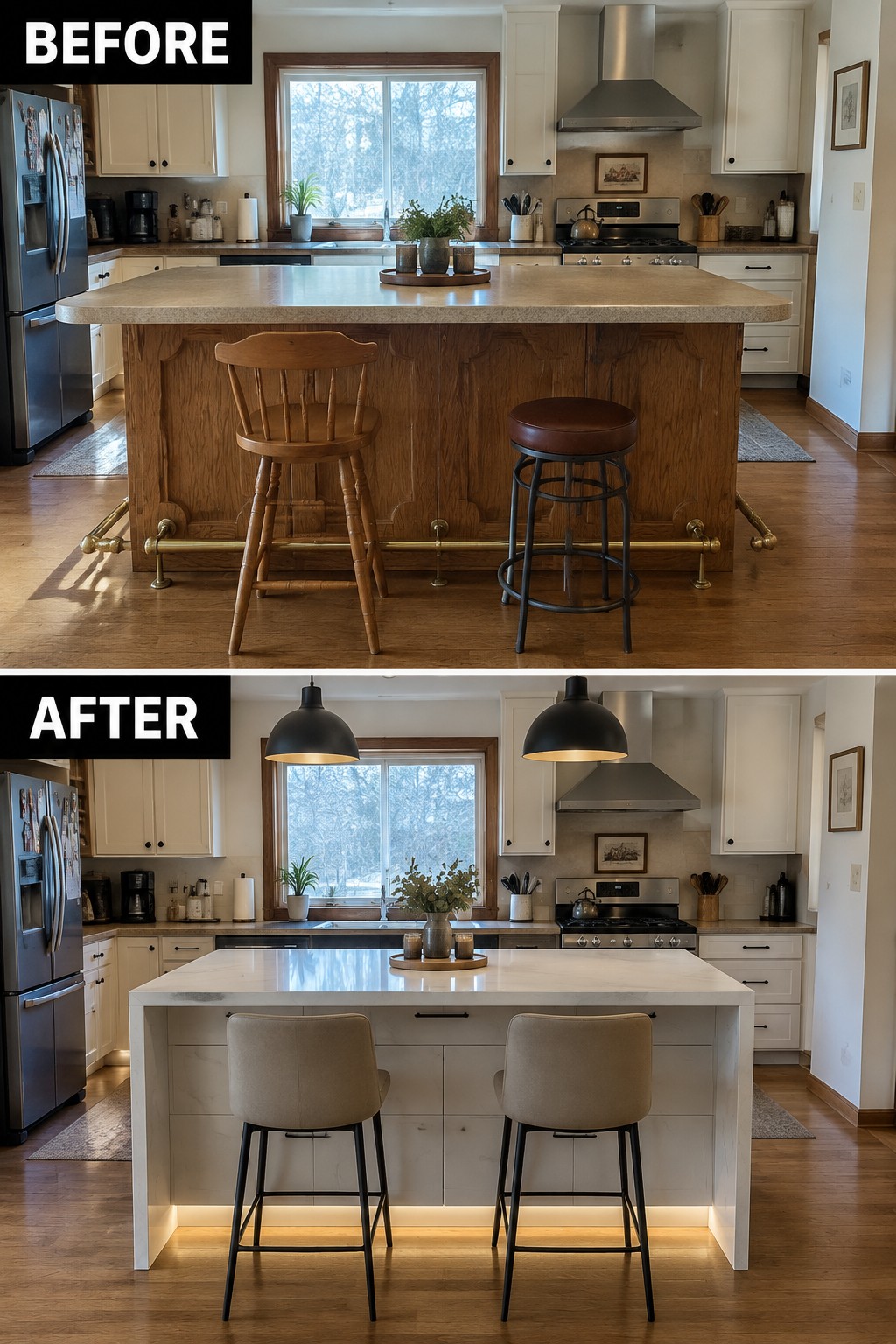 Before-and-after kitchen makeover image showing a bulky wood island replaced with a streamlined light-colored island and two stools.