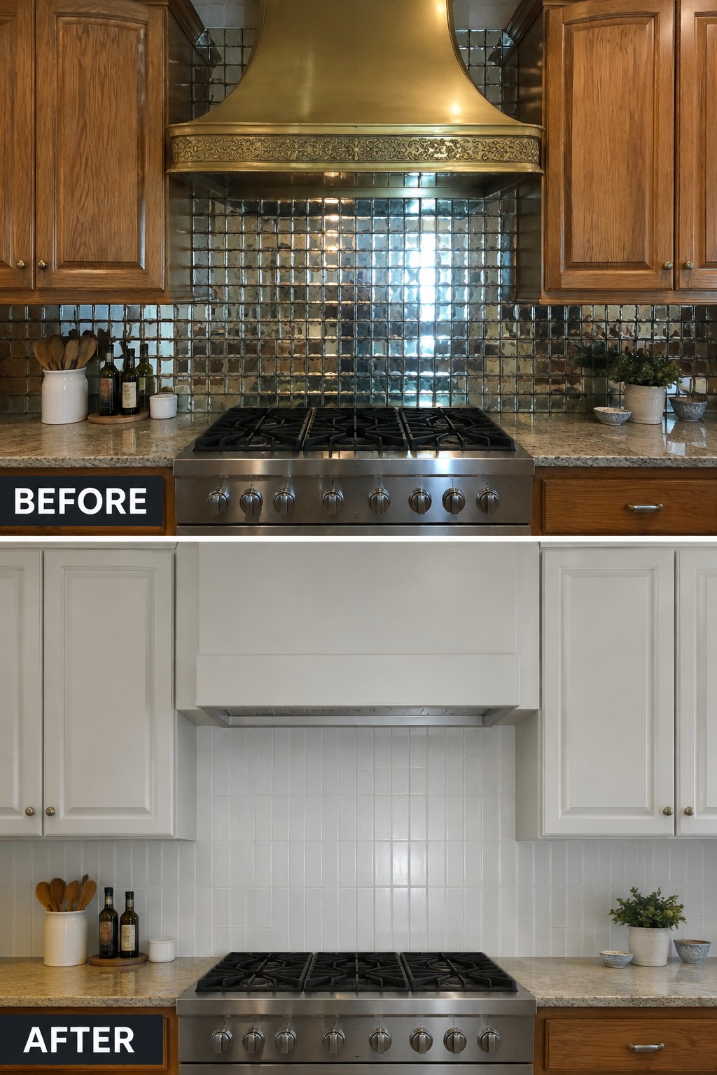 Before-and-after makeover image of a kitchen with a dark reflective backsplash and ornate hood updated with white tile and a plain white hood.