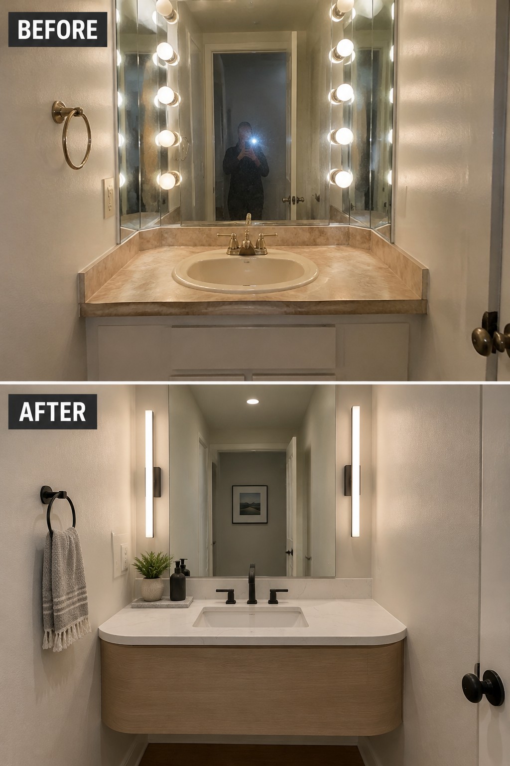 Before-and-after bathroom makeover image showing a dated vanity and exposed-bulb mirror lighting replaced by a streamlined vanity and modern vertical lights.