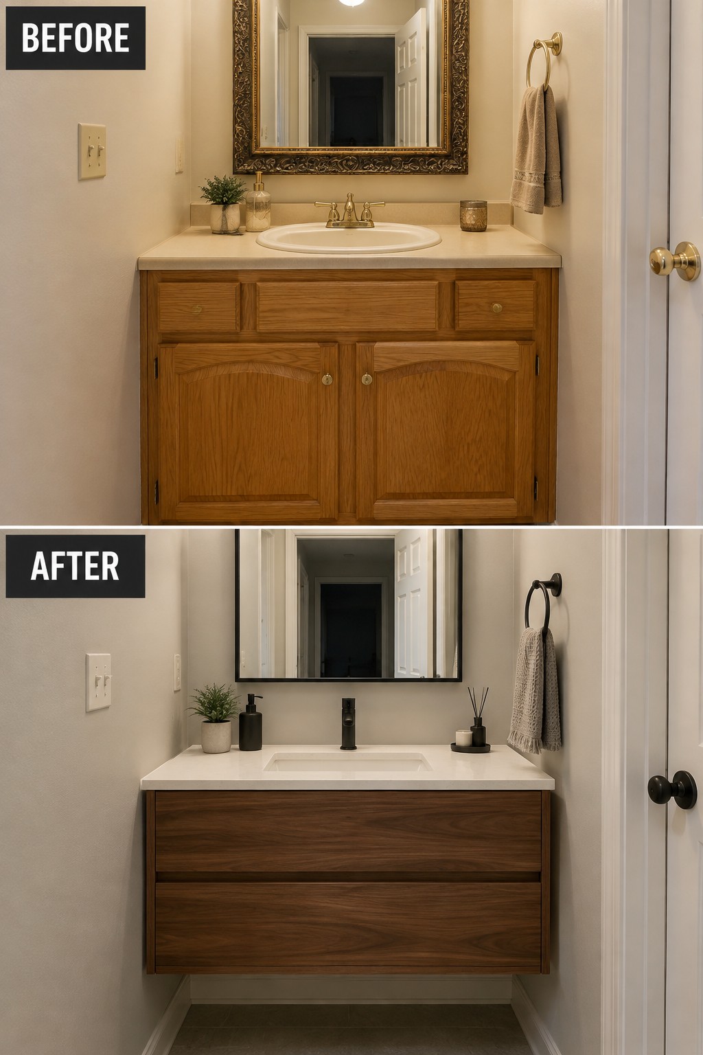 Before-and-after bathroom makeover image showing a carved wood vanity replaced with a streamlined floating wood vanity.