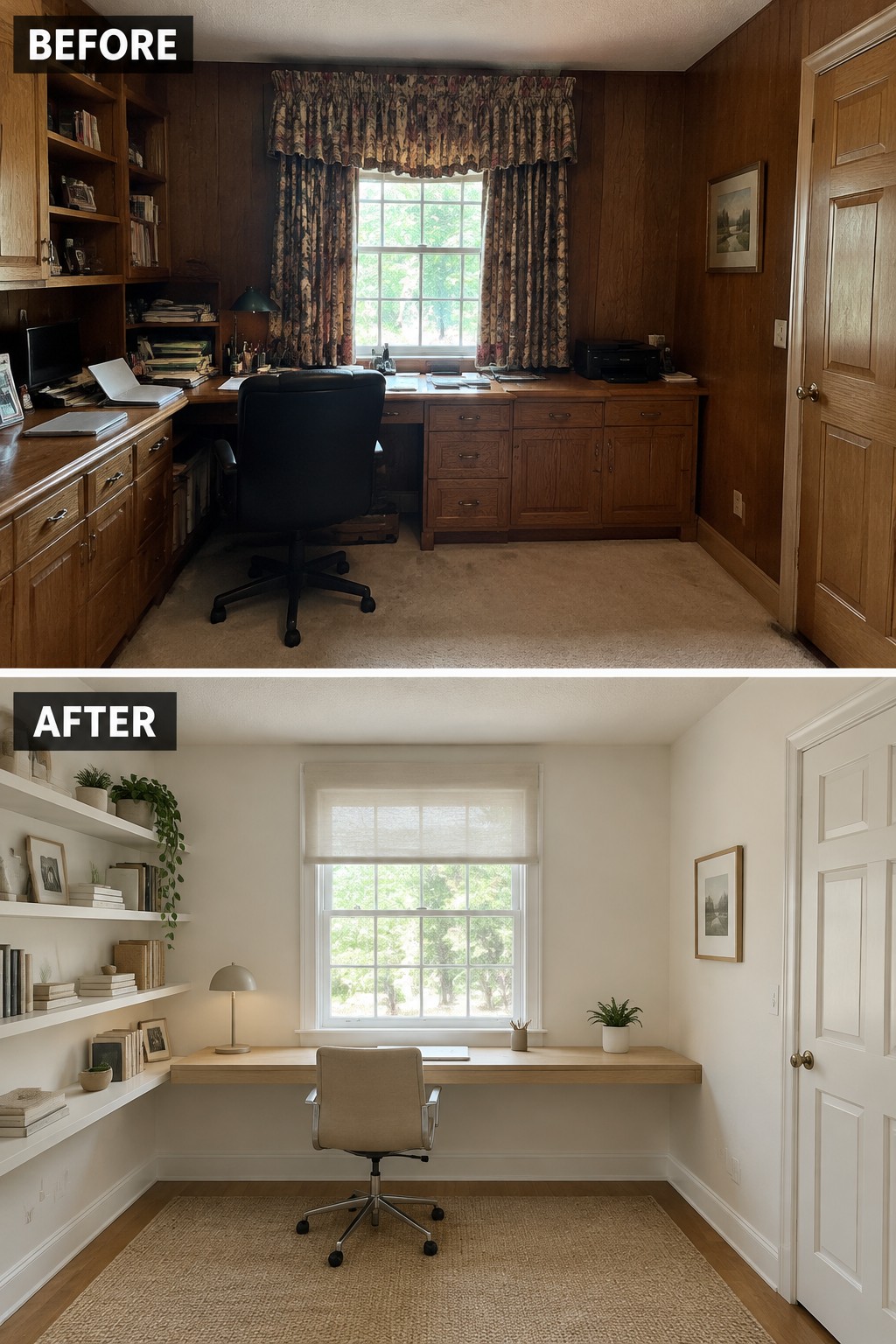 Before-and-after makeover image of a dark, wood-paneled home office updated with light walls, open shelves, and a simple desk.