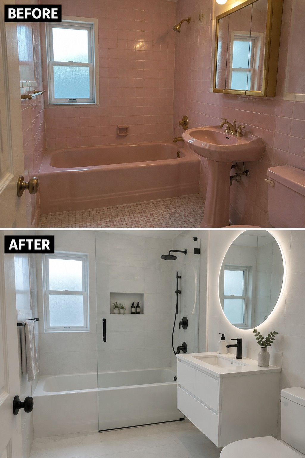 Before-and-after makeover image of a pink tiled bathroom updated with light tile, a glass shower panel, a white vanity, and black fixtures.