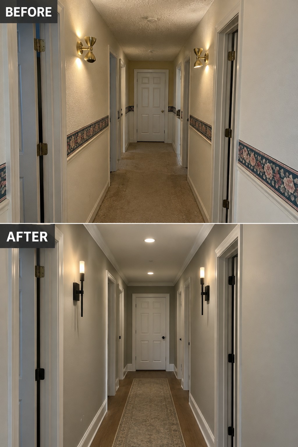 Before-and-after makeover image of a hallway updated with plain walls, simple trim, new lighting, wood flooring, and a runner.