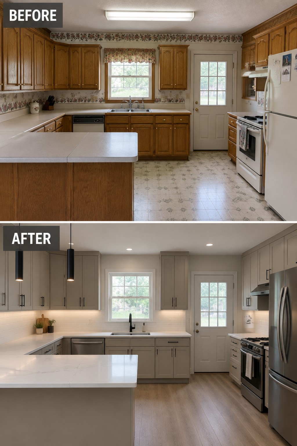 Before-and-after makeover image of a kitchen updated with taupe cabinets, a simple white backsplash, light counters, and wood flooring.