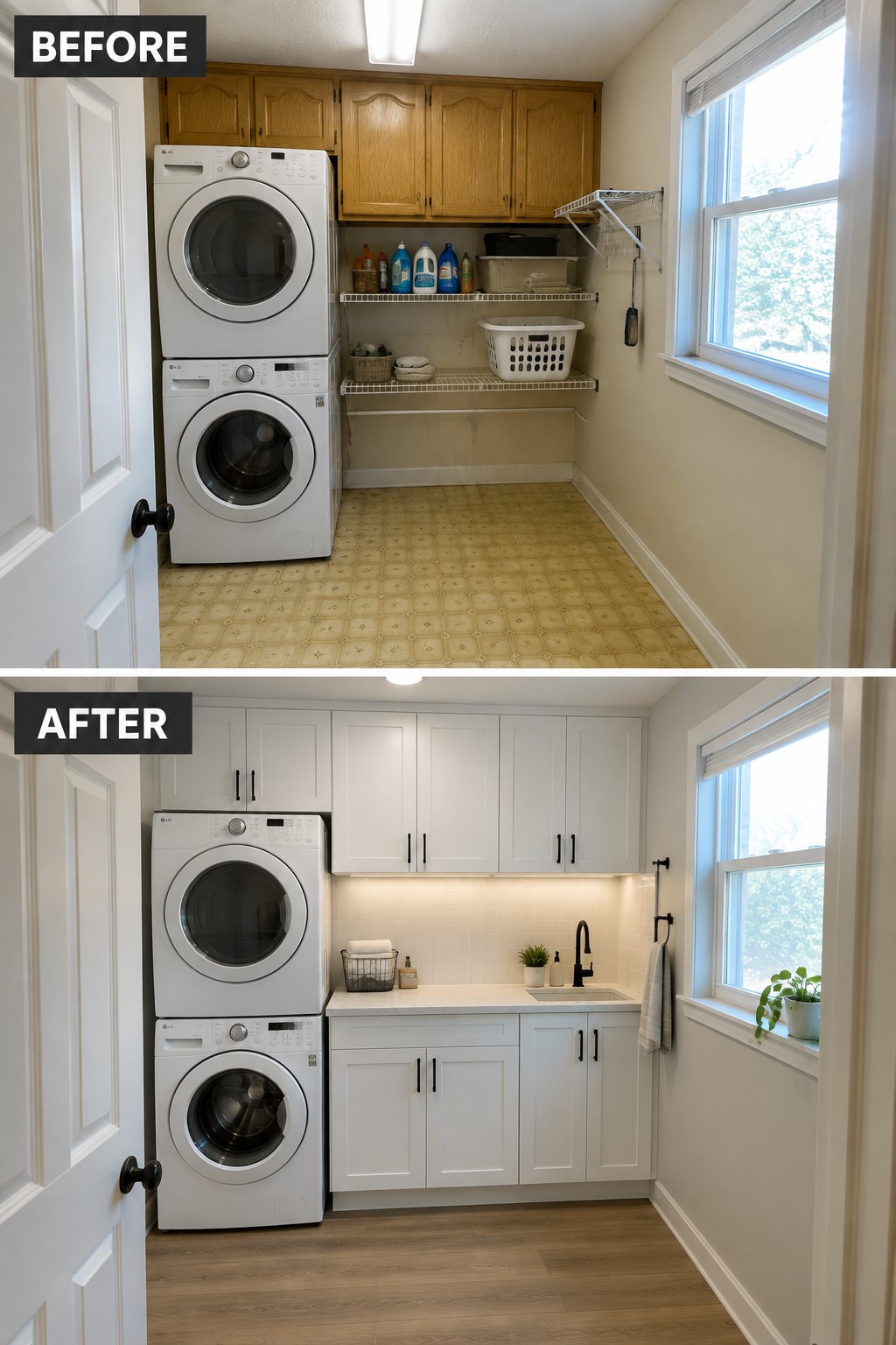 Before-and-after makeover image of a laundry room updated with white cabinets, a countertop, tile backsplash, and wood-look flooring.