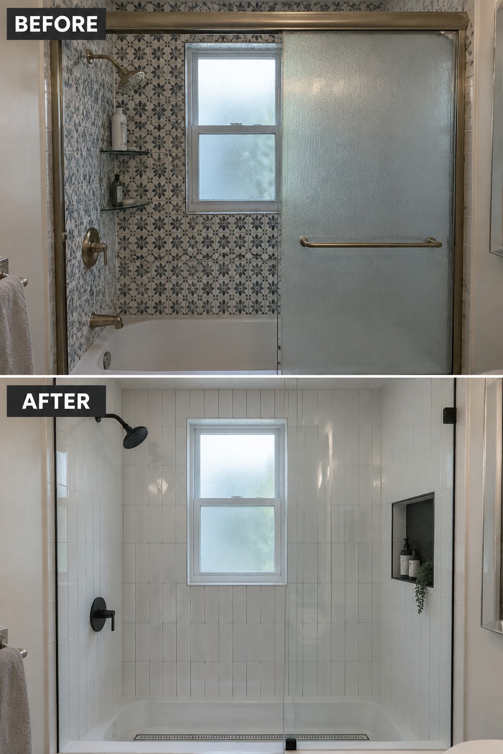 Before-and-after makeover image of a dated shower with patterned tile and a frosted sliding door updated with white tile and a clear glass panel.