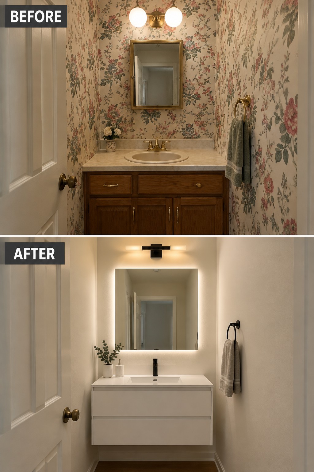 Before-and-after makeover image of a small bathroom changed from floral wallpaper and a dark wood vanity to plain walls, a white floating vanity, and a backlit mirror.