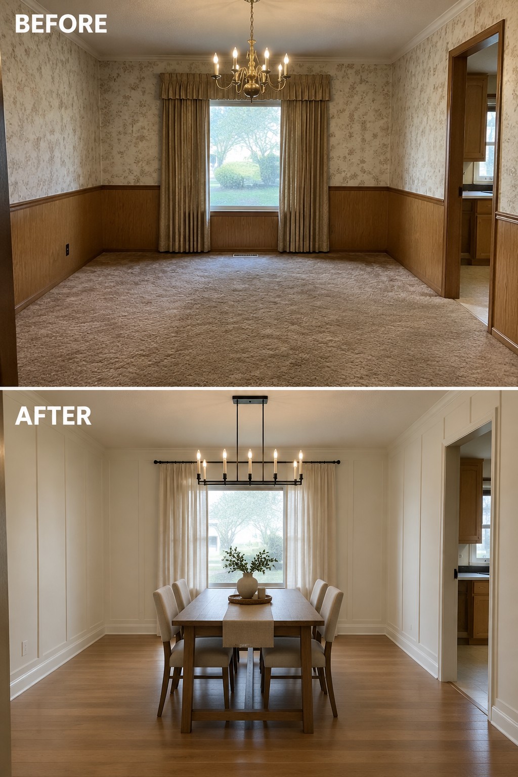 Before-and-after makeover image of an empty room with floral wallpaper, wood wainscoting, and carpet updated as a dining room with paneled walls, hardwood flooring, a table, and chairs.
