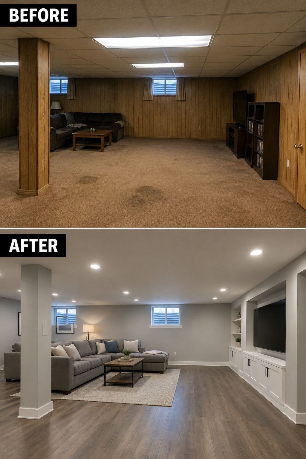Before-and-after makeover image of a basement living room updated from dark wood paneling and carpet to light walls, wood-look flooring, and a modern seating area.