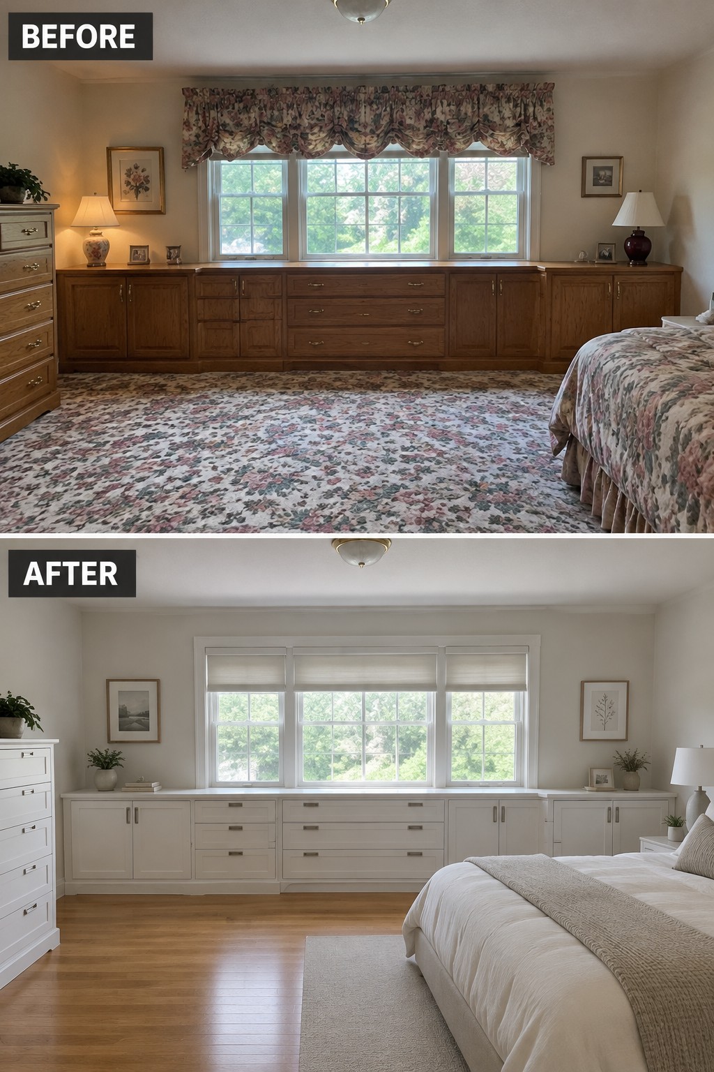 Before-and-after makeover image of a bedroom with dark wood built-ins and a patterned valance updated with white cabinets and simple window shades.