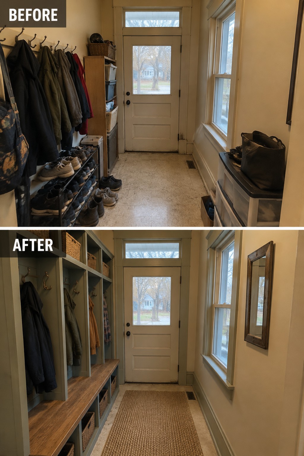 Before-and-after makeover image of a cluttered narrow entry changed to built-in coat storage and a bench with baskets.