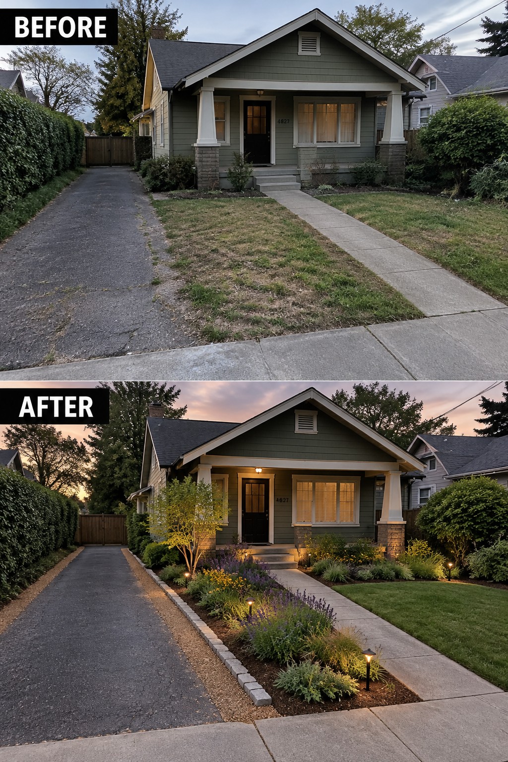 Before-and-after image of a front yard changed from patchy grass and a plain walkway to defined garden beds with plants and path lights.