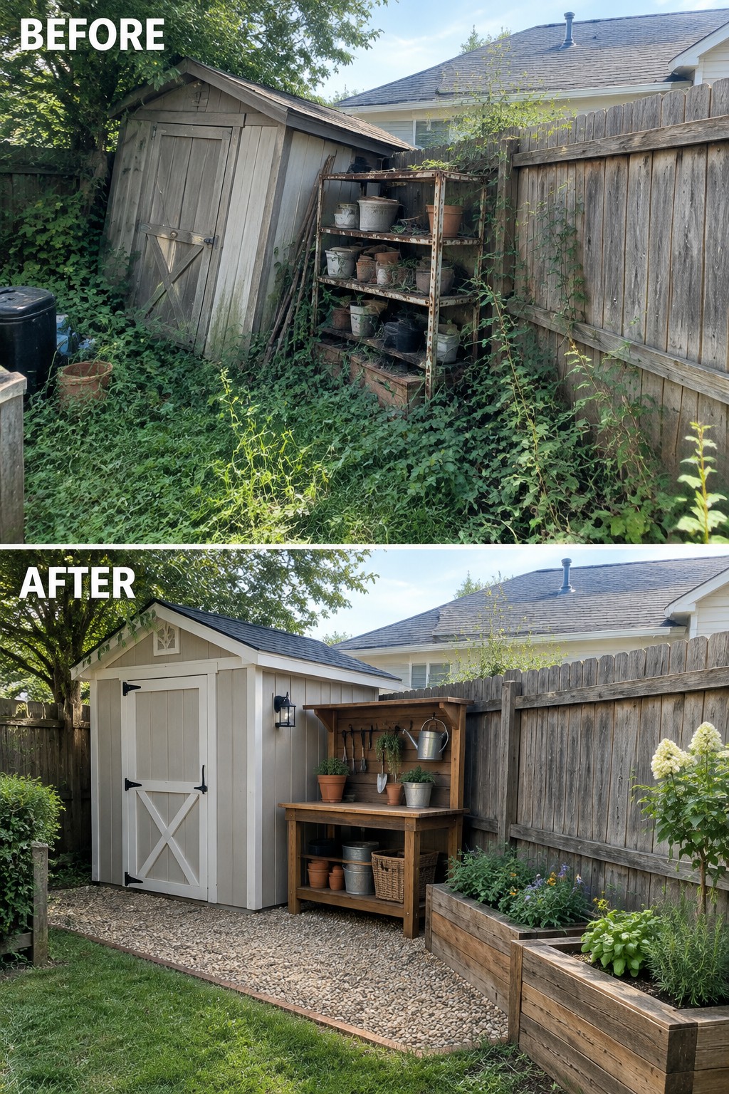 Before-and-after makeover image of an overgrown shed area changed into a tidy yard with a gravel path, a wooden potting bench, and raised garden beds.
