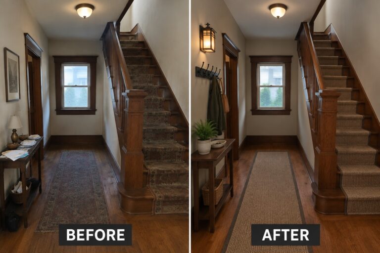20 Bungalow Remodel Ideas That Preserve Craftsman-Inspired Details Before-and-after image of a Craftsman-style entry staircase, with a worn patterned runner replaced by a plain textured runner and a small entry table restyled.