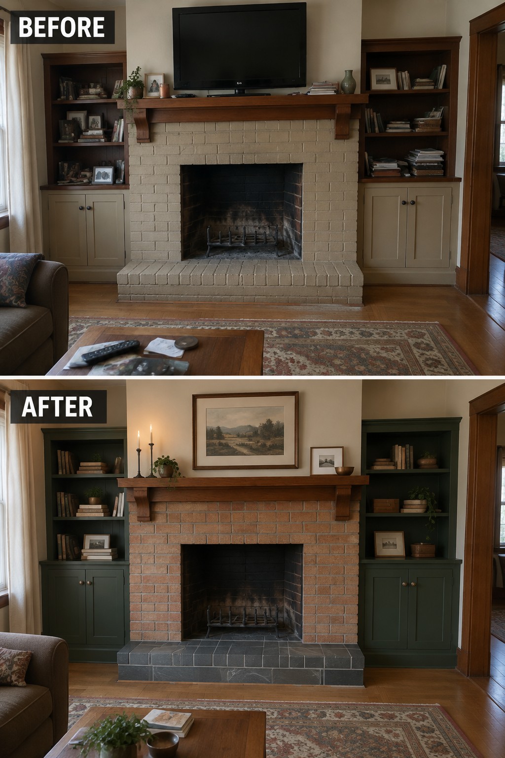 Before-and-after makeover image of a living room fireplace wall, updated with green built-ins, a clearer mantel, and framed art above the fireplace.