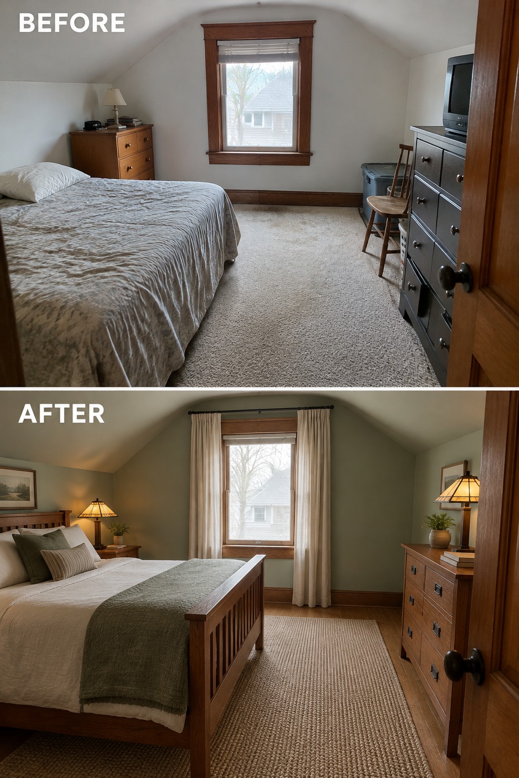 Before-and-after makeover image of a plain bedroom changed into a furnished bedroom with a wood bed, curtains, a large rug, and matching dressers.