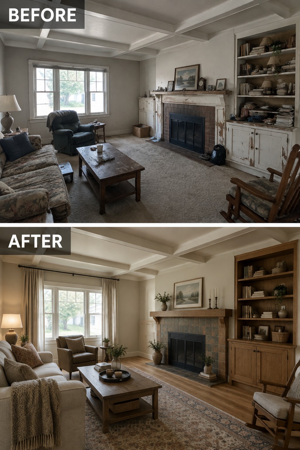 Before-and-after makeover image of a living room with a worn fireplace and furnishings updated with a tiled fireplace surround, wood mantel, and refreshed seating.