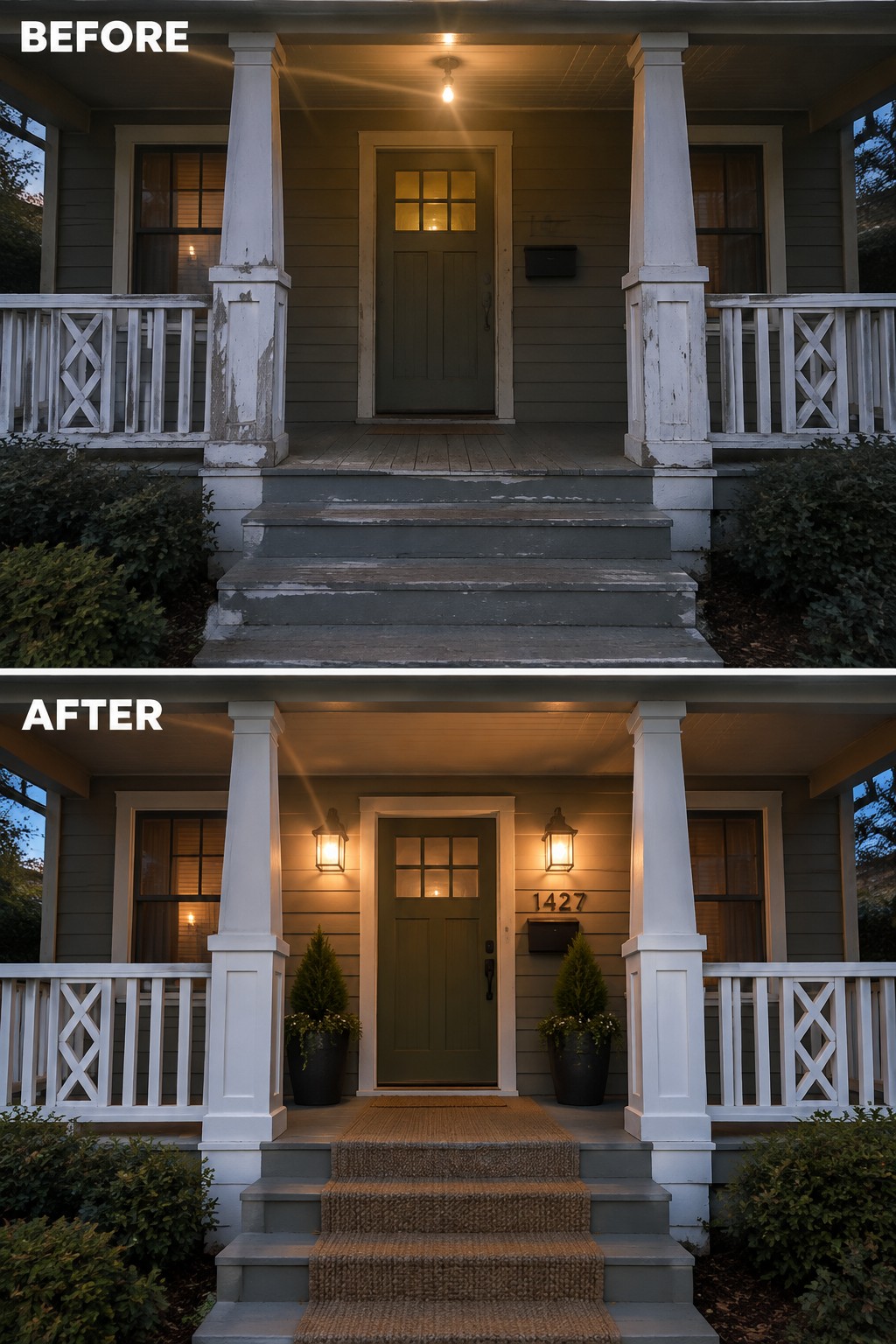 Before-and-after image of a bungalow porch refreshed with painted white columns, lanterns beside the front door, and potted plants.