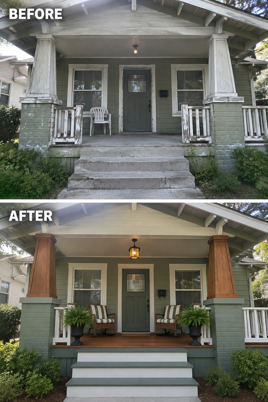 Before-and-after makeover image of a bungalow porch changed from a worn, mostly empty entry into a seating area with two chairs and potted plants.