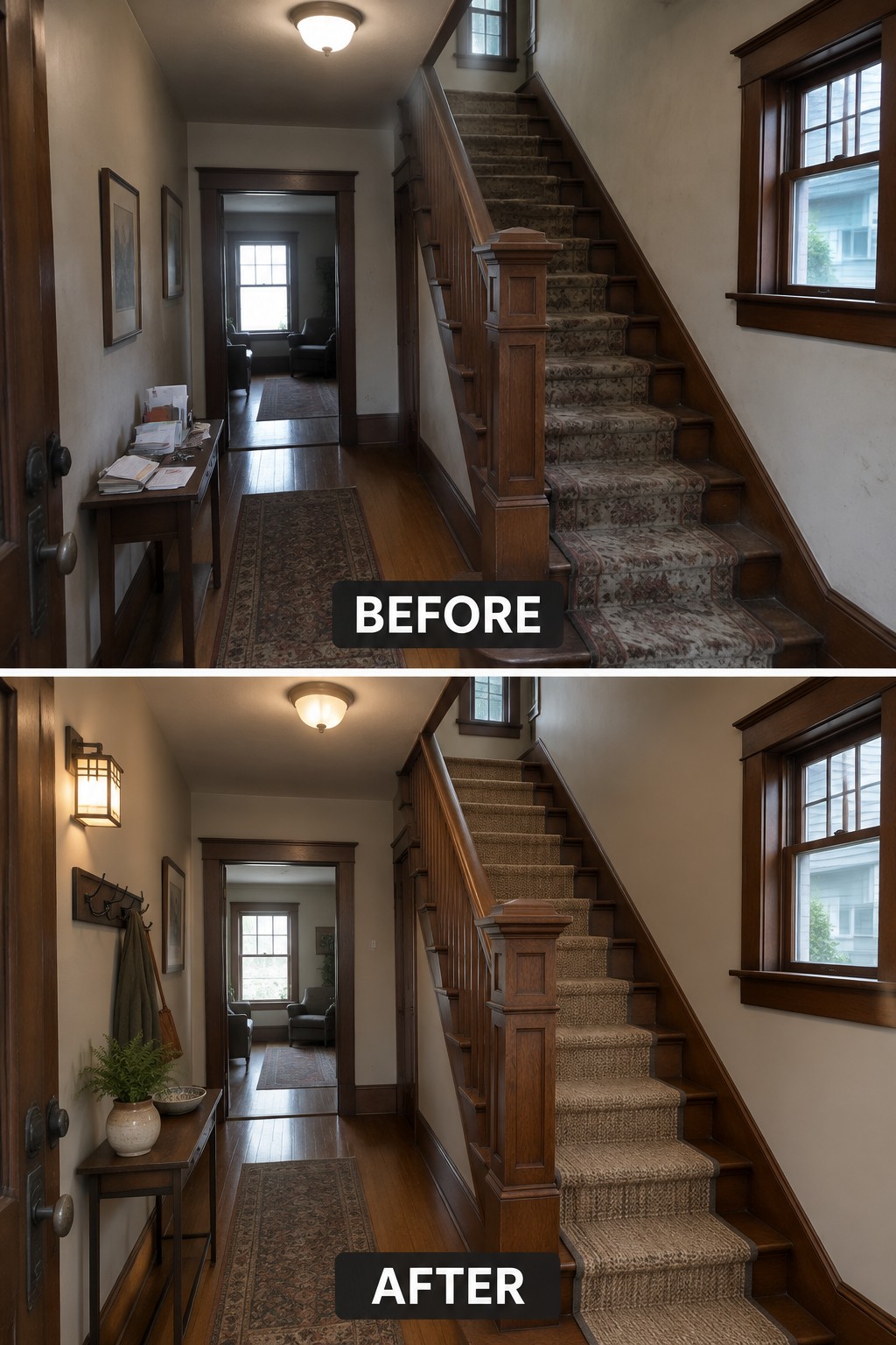Before-and-after image of a Craftsman-style entry staircase, with a worn patterned runner replaced by a plain textured runner and a small entry table restyled.