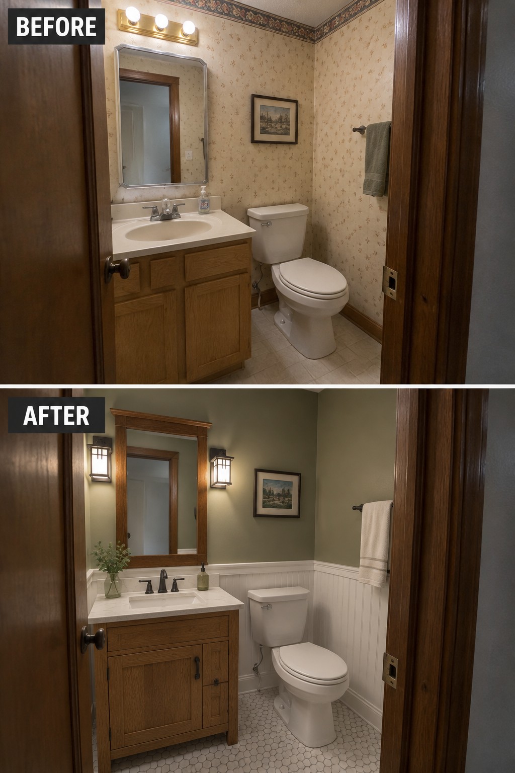 Before-and-after makeover image of a small bathroom updated with green walls, white beadboard, a wood-framed mirror, and patterned tile flooring.