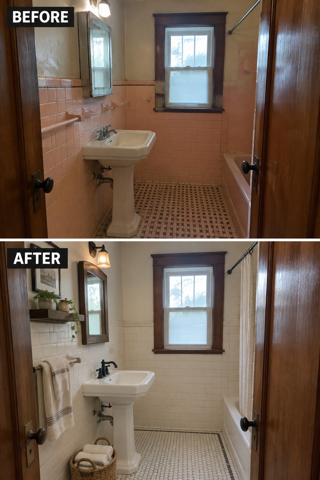 Before-and-after image of a dated bathroom updated with cream wall tile, a light mosaic floor, and simple accessories while retaining the pedestal sink and dark wood trim.
