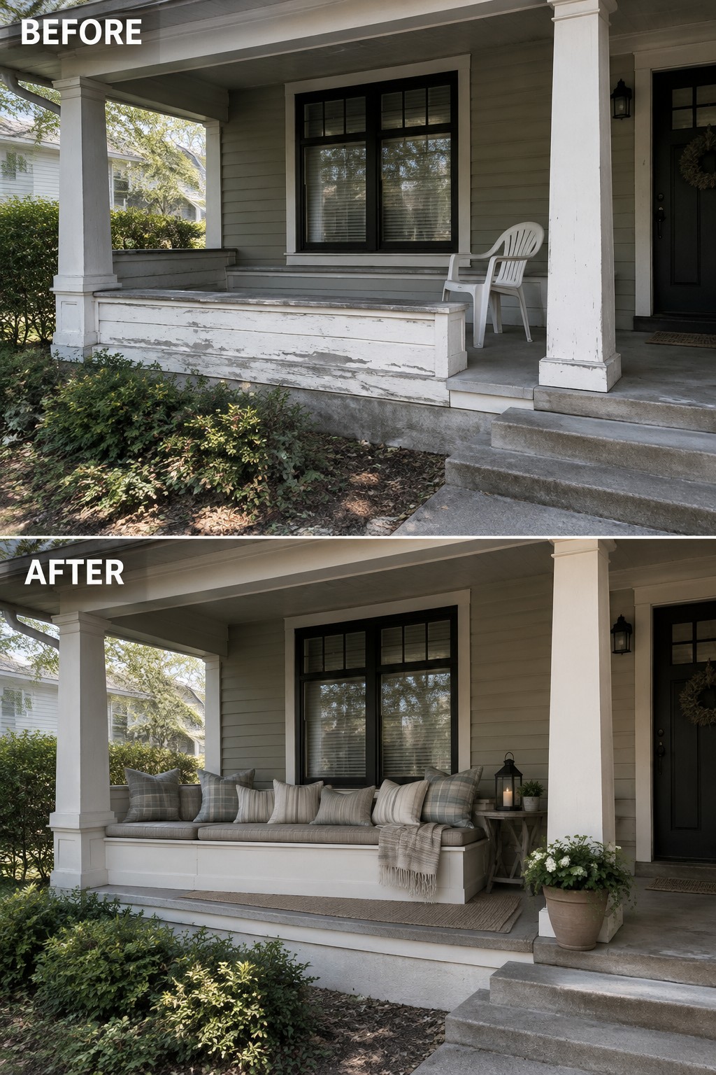 Before-and-after makeover image of a bare bungalow porch updated with cushions on its built-in bench and a small side table.