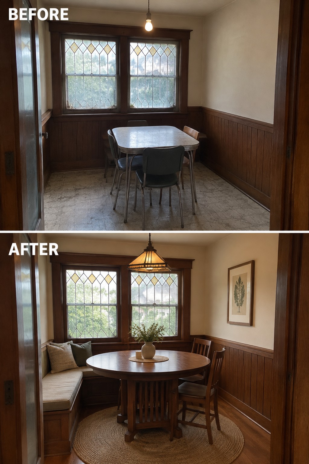 Before-and-after makeover image of a small dining nook changed from a table with loose chairs to a round table with a built-in bench and chairs.