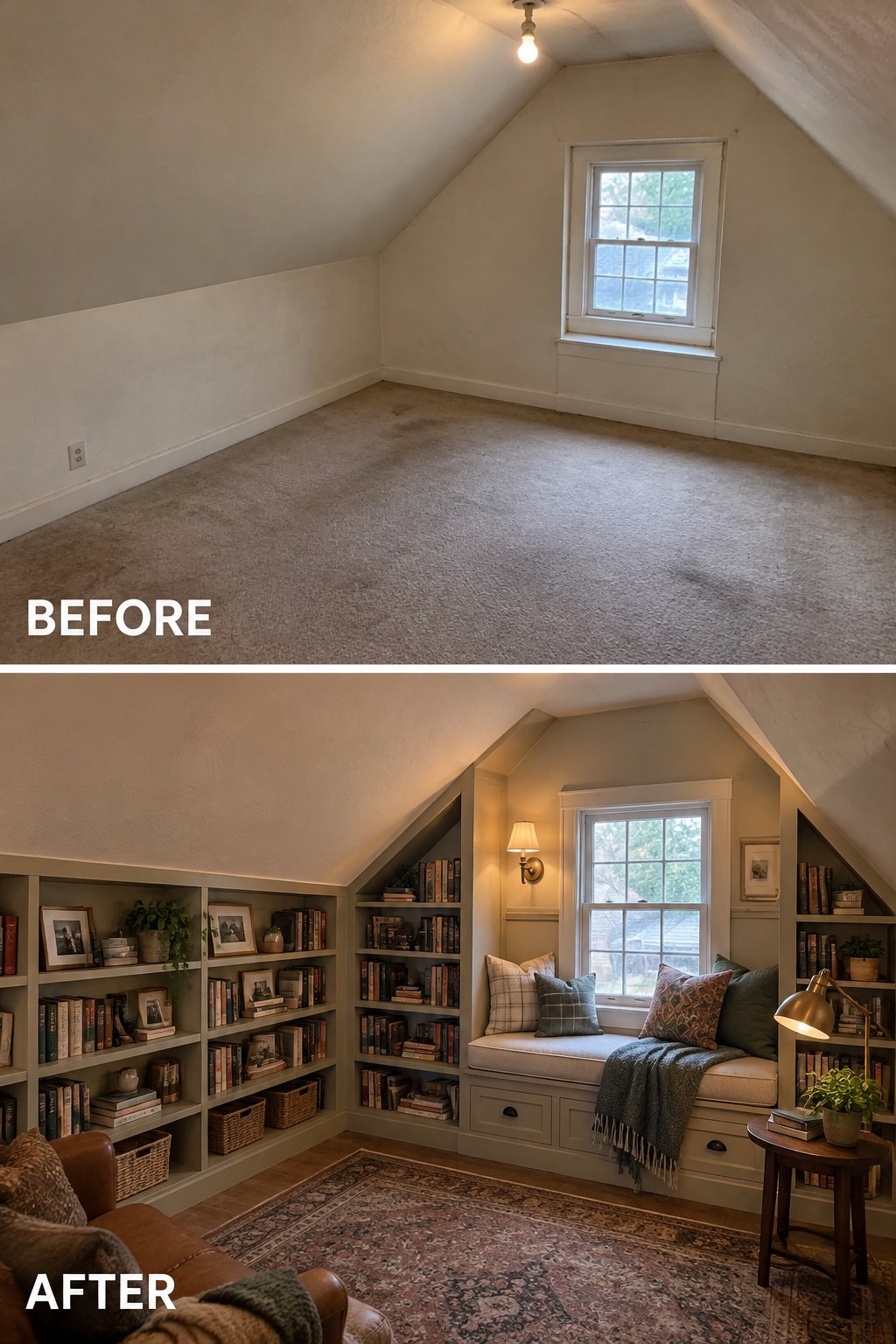 Before-and-after makeover image of an empty attic changed into a reading nook with built-in bookshelves and a window seat.
