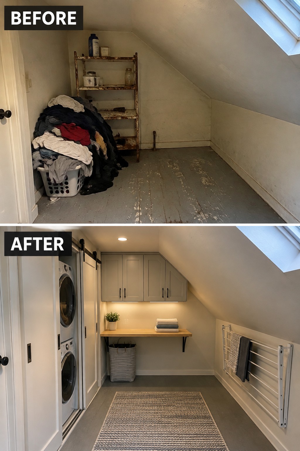 Before-and-after makeover image of a cluttered attic storage area converted into a laundry room with stacked appliances, cabinets, and a folding counter.