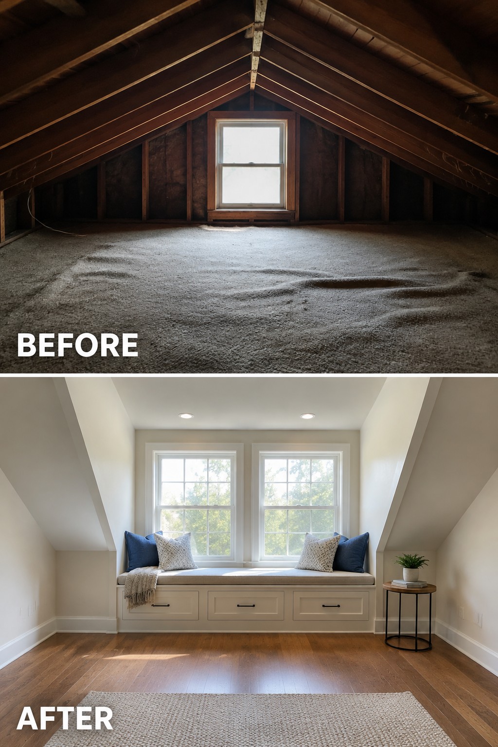 Before-and-after image of an unfinished attic transformed into a finished room with a built-in window seat and storage drawers.