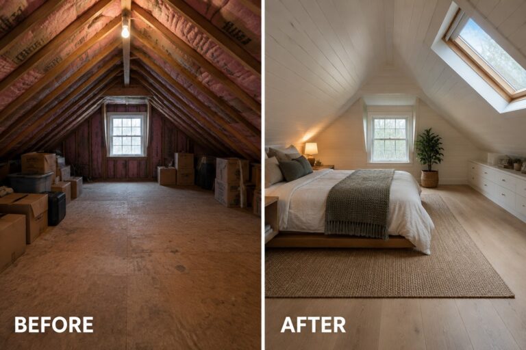 22 Creative Attic Remodel Before and After Transformations Into Functional Living Areas Before-and-after makeover image of an unfinished attic with exposed insulation and storage boxes transformed into a bedroom with finished walls and a bed.